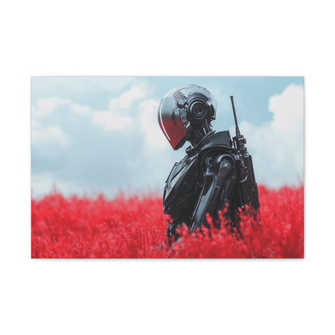 Robotic Knight Standing in Field — 24×16 Canvas Wall Art — Front Gallery-Wrapped Canvas View