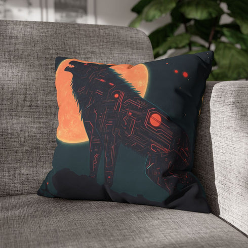 Robotic Wolf Howling at Circuit Moon — 40×40 Cushion Cover — Double-Sided Back & Concealed Zip Detail