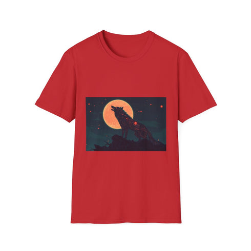 Robotic Wolf Howling at Circuit Moon Graphic Unisex Softstyle T-Shirt - Red Variant