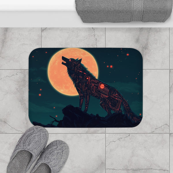 Robotic Wolf Howling at Circuit Moon — Memory Foam Bath Mat — Modern Bathroom Floor Lifestyle View