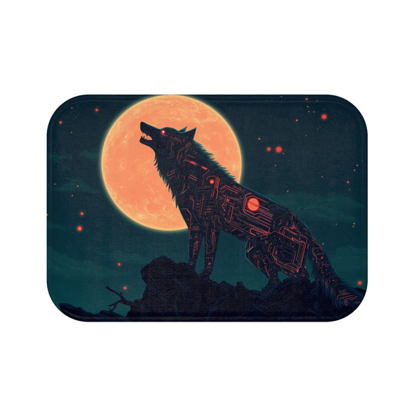 Robotic Wolf Howling at Circuit Moon — Memory Foam Bath Mat — Top-Down Memory Foam Bath Mat View
