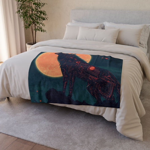 Robotic Wolf Howling at Circuit Moon Plush Fleece Throw Blanket