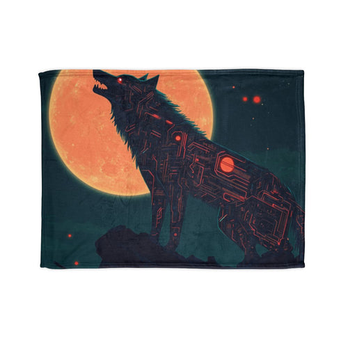 Robotic Wolf Howling at Circuit Moon Plush Fleece Throw Blanket