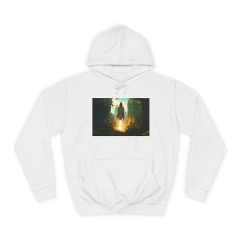 Rocket Launching from Jungle Platform Graphic Unisex College Hoodie - Arctic White Front