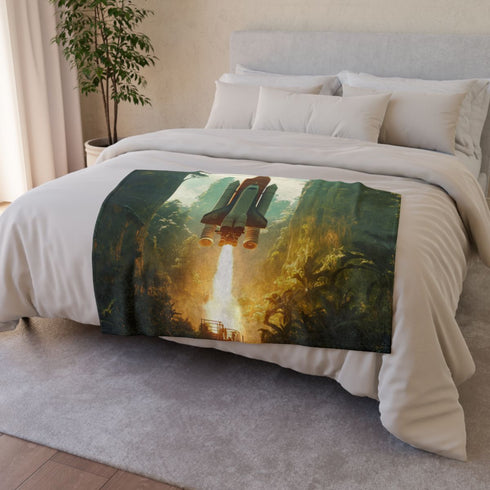 Rocket Launching from Jungle Platform — 50×60 Plush Throw Blanket — Draped Over Sofa & Bed Lifestyle View