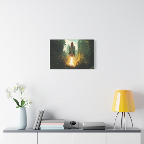 Rocket Launching from Jungle Platform — Stretched Canvas Wall Art — Living Room Wall Lifestyle View