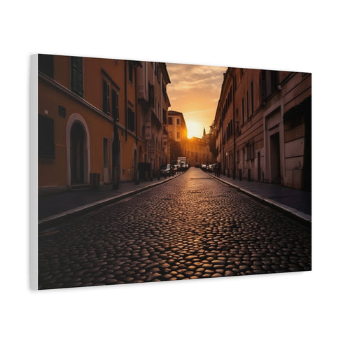 Rome Cobblestone Streets Warm Sunset Stretched Canvas Wall Art - 1.25 Inch Pine Frame Side Profile | Prints With Passion