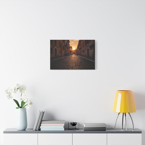 Rome Cobblestone Streets Warm Sunset Stretched Canvas Wall Art - Living Room Wall Lifestyle View | Prints With Passion
