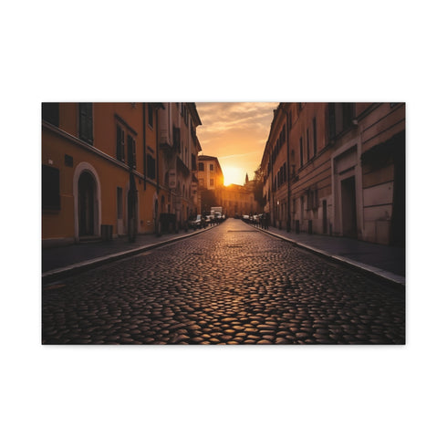 Rome Cobblestone Streets Warm Sunset Stretched Canvas Wall Art - Full-Bleed Horizontal Front View | Prints With Passion