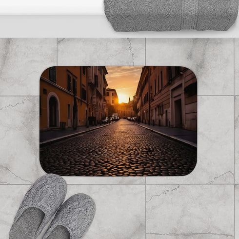 Rome Streets Sunset Cobblestone — Non-Slip Bath Mat — Bathroom Floor Lifestyle View
