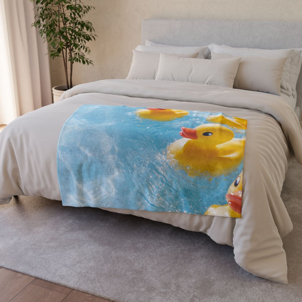 Playful Yellow Rubber Ducks in Turquoise Pool — Plush Fleece Throw Blanket — Draped Over Sofa & Bed Lifestyle View