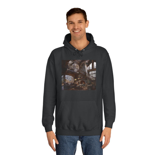 Rustic Mountain Cabin — Heavyweight Graphic Hoodie — Model Streetwear Fit View