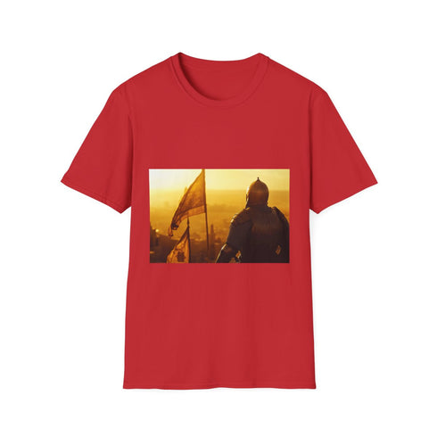 Saladin in Armor Overlooking Jerusalem, Graphic Unisex Softstyle T-Shirt - Red Variant