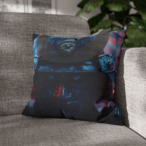 Samurai Helmet over Digital Grid — 40×40 Cushion Cover — Sofa & Living Room Lifestyle View