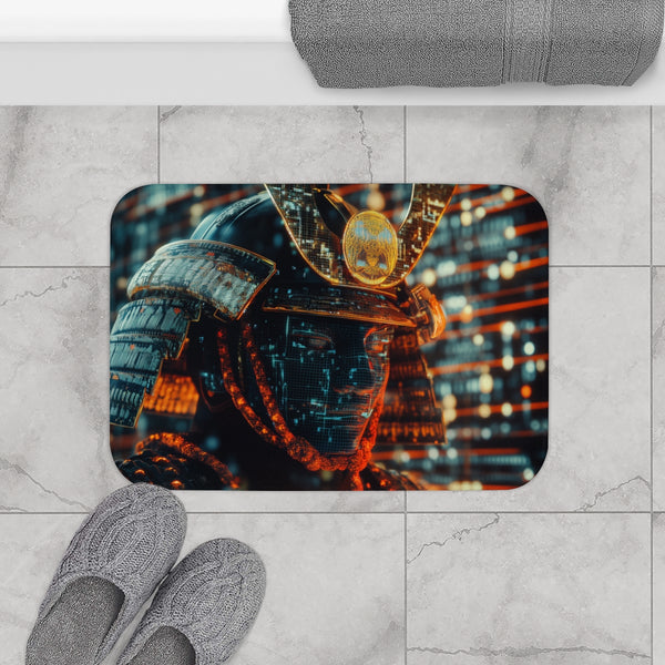Samurai Helmet over Digital Grid (Edition II) — 61×43 Memory Foam Bath Mat — Modern Bathroom Floor Lifestyle View
