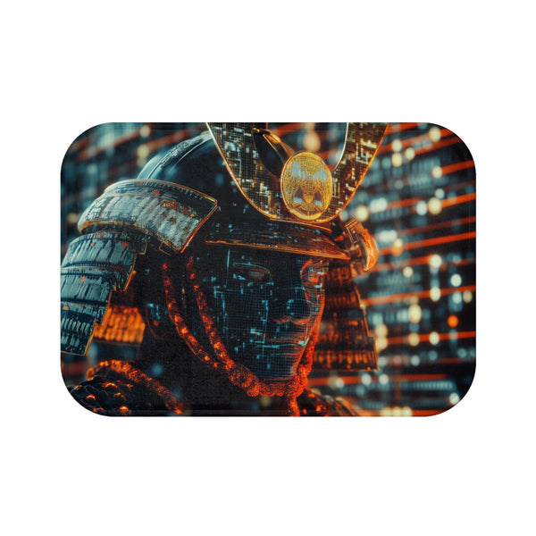 Samurai Helmet over Digital Grid (Edition II) — 61×43 Memory Foam Bath Mat — Top-Down Velvet Microfibre Artwork View