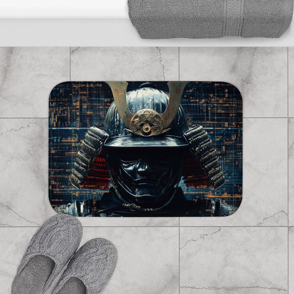 Samurai Helmet over Digital Grid (Edition III) — Memory Foam Bath Mat — Modern Bathroom Floor Lifestyle View