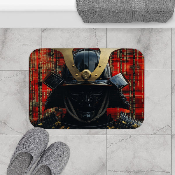 Samurai Helmet over Digital Grid (Edition IV) — 61×43 Memory Foam Bath Mat — Modern Bathroom Floor Lifestyle View