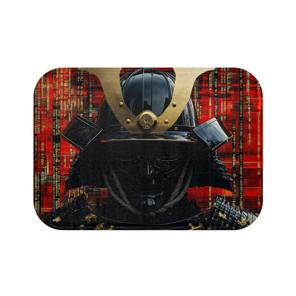Samurai Helmet over Digital Grid (Edition IV) — 61×43 Memory Foam Bath Mat — Top-Down Velvet Microfibre Artwork View