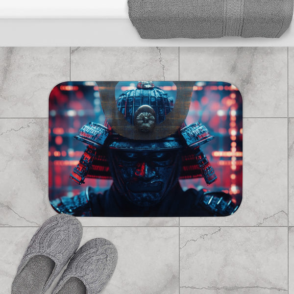 Samurai Helmet over Digital Grid — 61×43 Memory Foam Bath Mat — Modern Bathroom Floor Lifestyle View