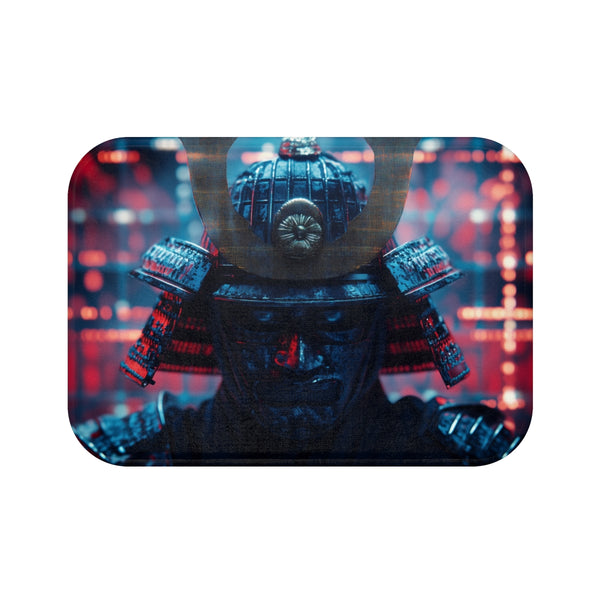 Samurai Helmet over Digital Grid — 61×43 Memory Foam Bath Mat — Top-Down Velvet Microfibre Artwork View
