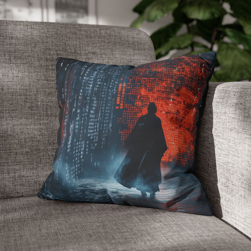 Samurai Walking Through Shattered Code — 40×40 Cushion Cover — Sofa & Living Room Lifestyle View