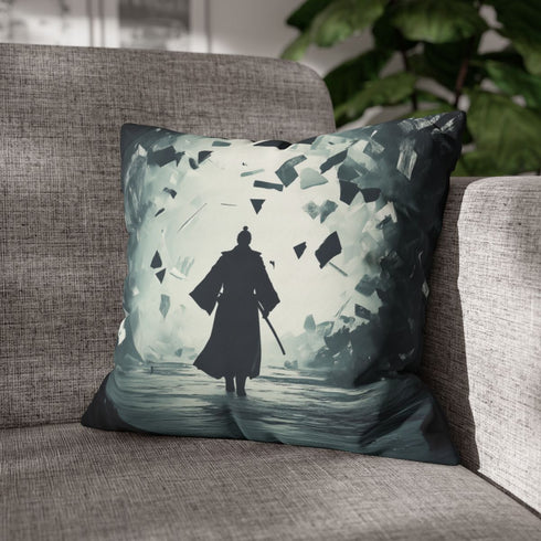 Samurai Walking Through Shattered Code (Edition III) — 40×40 Cushion Cover — Sofa & Armchair Living Room Lifestyle View