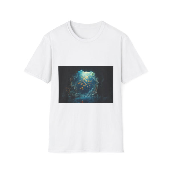 Sea Cave Filled with Glowing Koi Graphic Unisex Softstyle T-Shirt - Front View
