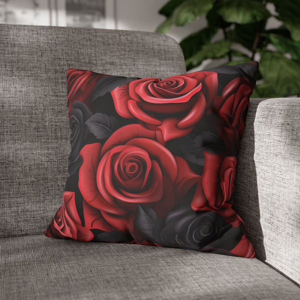 3D Crimson & Blush Velvet Roses Pattern — Faux Suede Cushion Cover — Sofa & Living Room Lifestyle View