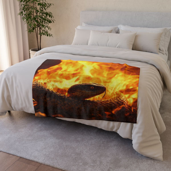 Serpent Coiled Around Burning Sun (Edition II) — Plush Fleece Throw Blanket — Drape over Sofa & Bed Lifestyle View