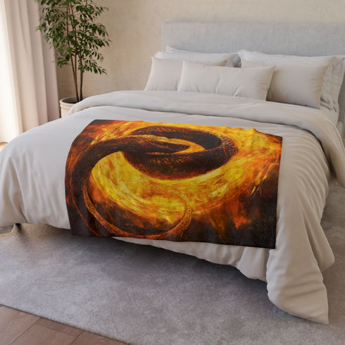 Serpent Coiled Around Burning Sun — 50×60 Plush Throw Blanket — Draped Over Sofa & Bed Lifestyle View