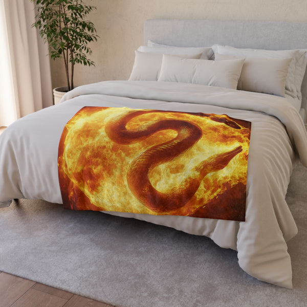 Serpent Coiled Around Burning Sun — Plush Fleece Throw Blanket — Drape over Sofa & Bed Lifestyle View