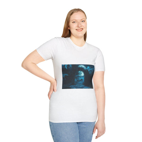 Shadow Gateway Under Midnight Moon Graphic Unisex Softstyle T-Shirt - Model View
