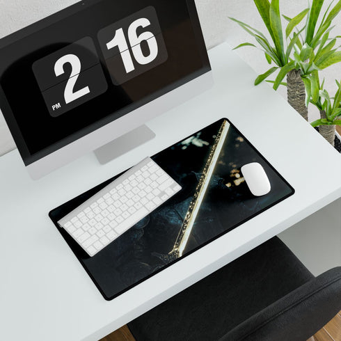 Shadow Knight with Glowing Sword — XL & XXL Desk Mat — Gaming & Workspace Desk Setup View