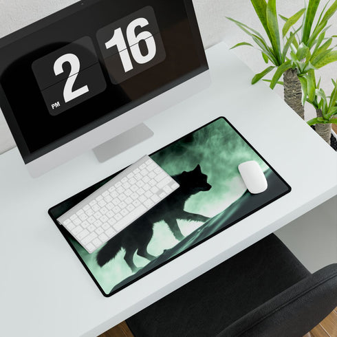 Shadow Wolf Prowling Through Aurora Dune — XL & XXL Desk Mat — Gaming & Workspace Desk Setup View