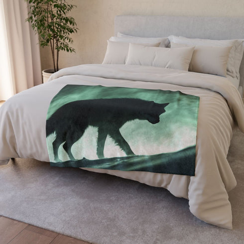 Shadow Wolf Prowling Through Aurora Dune — Plush Fleece Throw Blanket — Drape over Sofa & Bed Lifestyle View