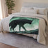Shadow Wolf Prowling Through Aurora Dune — Plush Fleece Throw Blanket — Drape over Sofa & Bed Lifestyle View