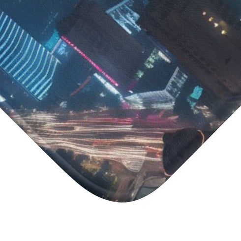 Shanghai Night Bright Lights — 61×43 Memory Foam Bath Mat — Cushioned Memory Foam & Microfibre Close-Up