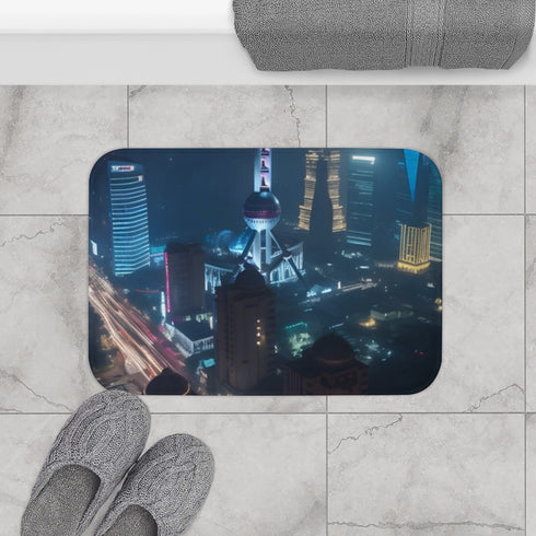 Shanghai Night Bright Lights — 61×43 Memory Foam Bath Mat — Modern Bathroom Floor Lifestyle View