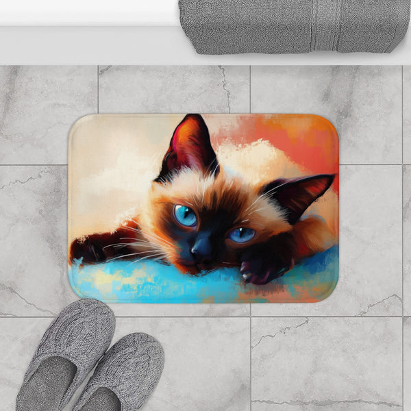 Cute Blue-Eyed Siamese Cat Watercolor (Edition XXIII) — 61×43 Memory Foam Bath Mat — Modern Bathroom Floor Lifestyle View