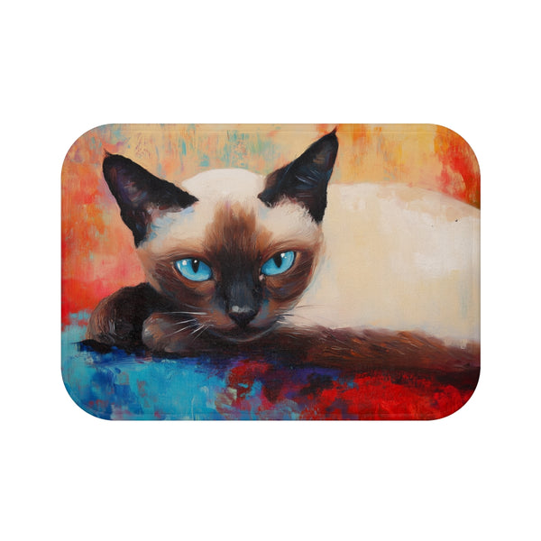 Cute Blue-Eyed Siamese Cat Watercolor (Edition III) — 61×43 Memory Foam Bath Mat — Top-Down Velvet Microfibre Artwork View