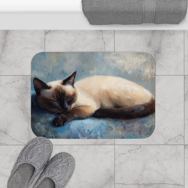 Cute Blue-Eyed Siamese Cat Watercolor (Edition IV) — 61×43 Memory Foam Bath Mat — Modern Bathroom Floor Lifestyle View