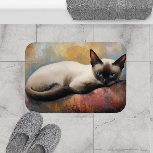Cute Blue-Eyed Siamese Cat Watercolor (Edition V) — 61×43 Memory Foam Bath Mat — Modern Bathroom Floor Lifestyle View