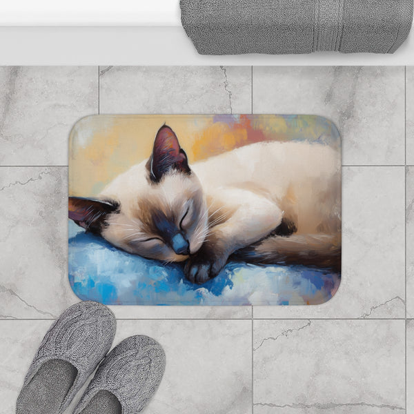 Cute Blue-Eyed Siamese Cat Watercolor (Edition VIII) — 61×43 Memory Foam Bath Mat — Modern Bathroom Floor Lifestyle View