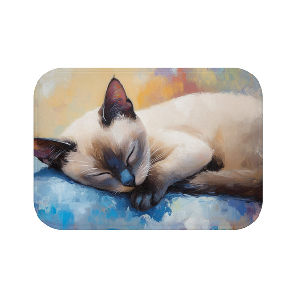 Cute Blue-Eyed Siamese Cat Watercolor (Edition VIII) — 61×43 Memory Foam Bath Mat — Top-Down Velvet Microfibre Artwork View