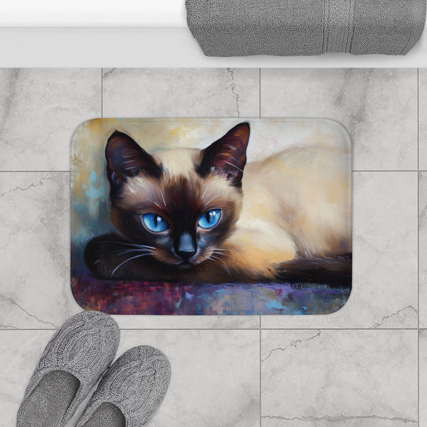 Cute Blue-Eyed Siamese Cat Watercolor (Edition X) — 61×43 Memory Foam Bath Mat — Modern Bathroom Floor Lifestyle View