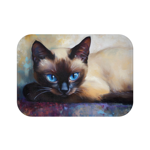 Cute Blue-Eyed Siamese Cat Watercolor (Edition X) — 61×43 Memory Foam Bath Mat — Top-Down Velvet Microfibre Artwork View