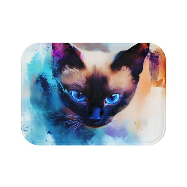 Cute Blue-Eyed Siamese Cat Watercolor (Edition XI) — 61×43 Memory Foam Bath Mat — Top-Down Velvet Microfibre Artwork View