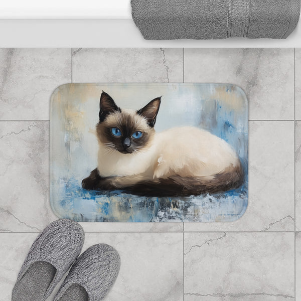 Cute Blue-Eyed Siamese Cat Watercolor — 61×43 Memory Foam Bath Mat — Modern Bathroom Floor Lifestyle View