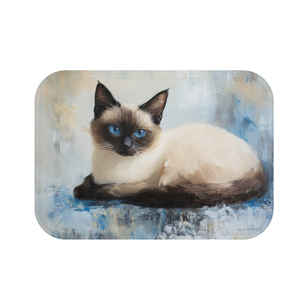 Cute Blue-Eyed Siamese Cat Watercolor — 61×43 Memory Foam Bath Mat — Top-Down Velvet Microfibre Artwork View